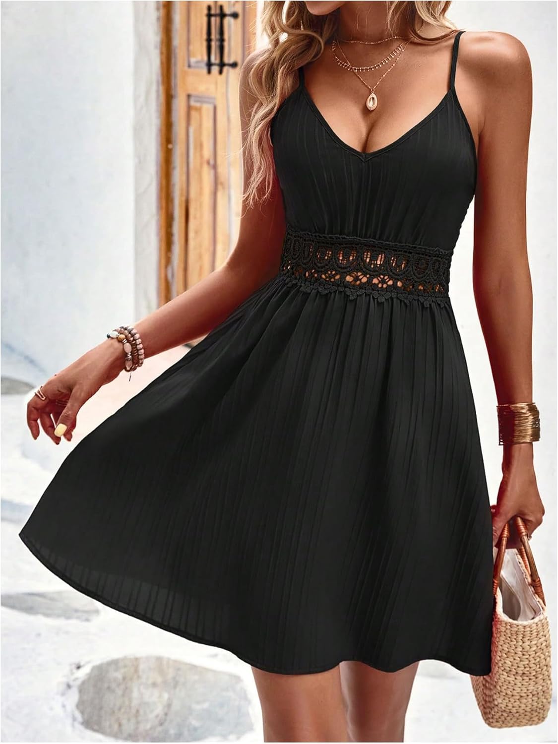 Size small SweatyRocks Women's V Neck Lace Spaghetti Strap Casual Dresses Beach Summer Backless A Line Cami Dress